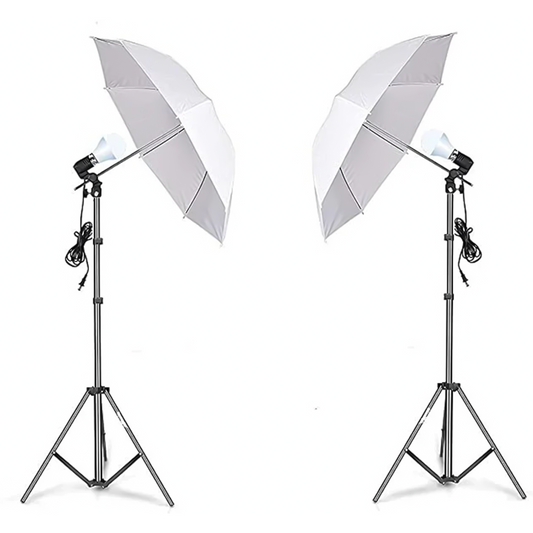 HIFFIN® E27 Studio Single Holder KIT Umbrella White + Studio Light Stand 9 FT+ Umbrella and Bulb Holder KIT Set of 2 (2 Single Holder,2 Light Stand 9FT,2 Umbrella, 2 20 WT LED Blub)