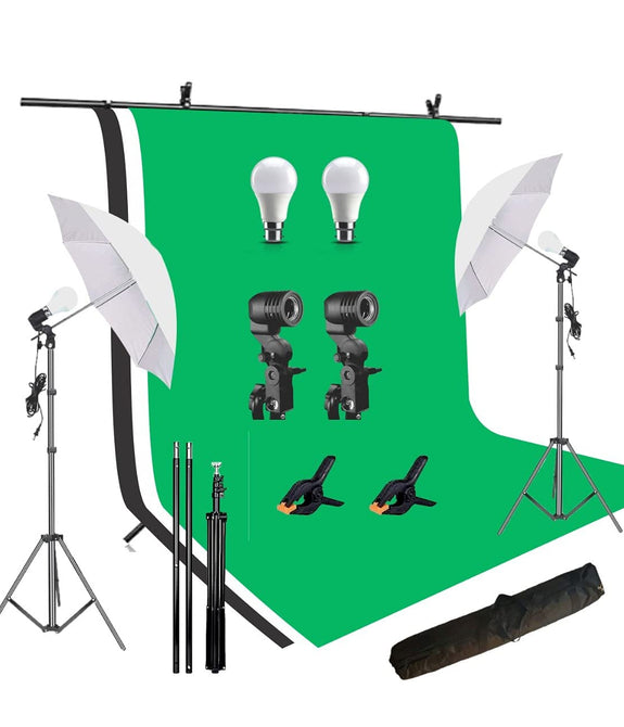 HIFFIN® Green | White | Black Screen Backdrop 6x10 ft with 9 ft Stand - 6x9 ft Photography Backdrop with 2 Pcs Spring Clamps, 1PCs Carry Bag (T Shape Kit C2 C3 B|W|G & Single Holder Kit M2)