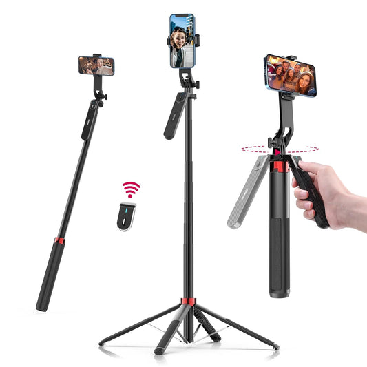 ULANZI MA09 Extendable Phone Tripod, 71" Selfie Stick Phone Vlog Tripod Stand Quadrapod with All in 1 Phone Clip, Travel Tripod Phone Holder with Rechargeable Remote for iPhone Sony Canon GoPro