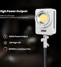 HIFFIN 250W Wonder Series LED Video Light, High CRI 95+, Ultra Bright 18300 lux@1m, Adjustable CCT 2700K-6500K, Continuous Output COB Light with App Control for Professional Photography & Videography