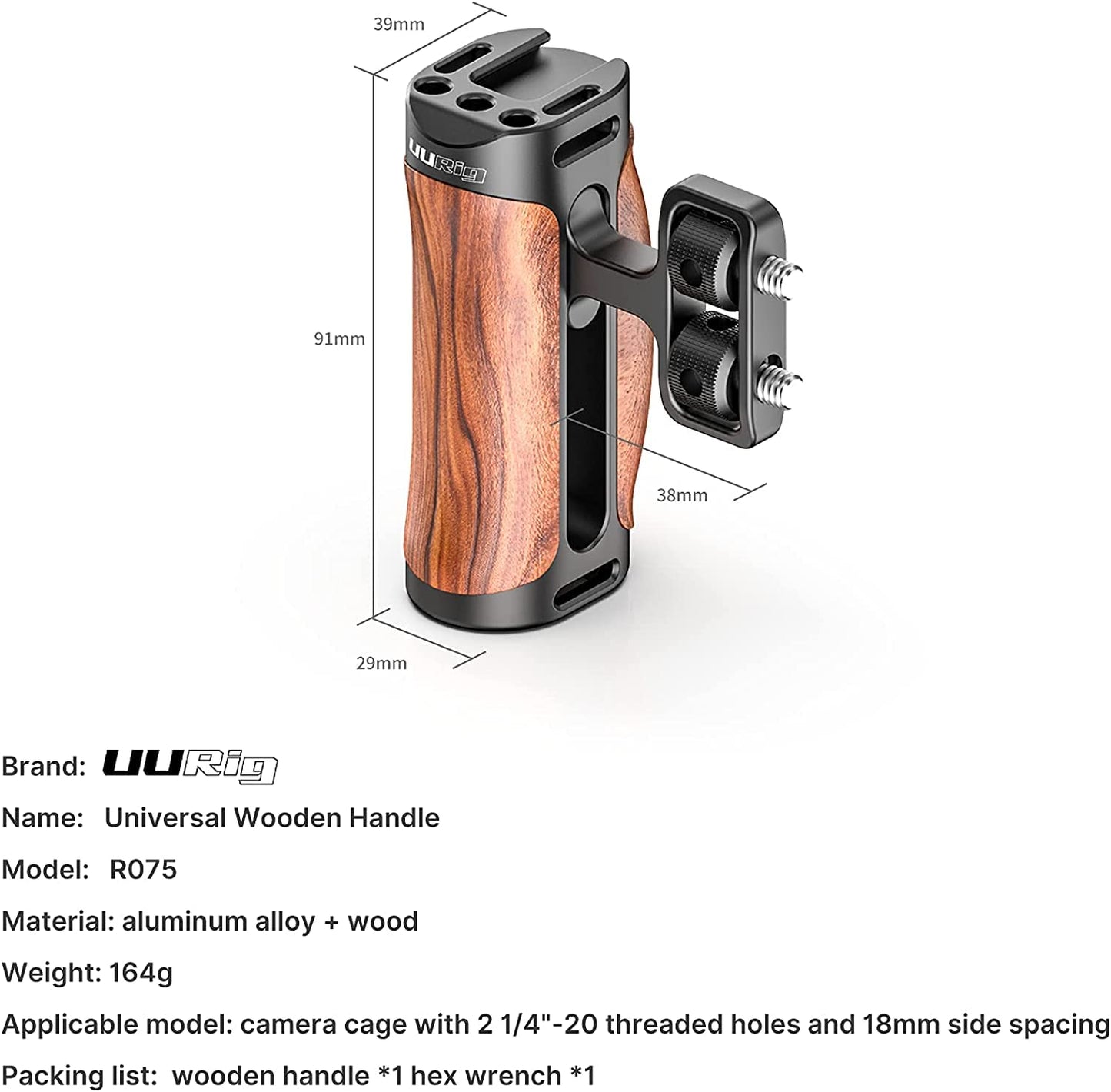 Ulanzi R075 Left Right Wood Handle Grip for Camera Cage, Compatible with Sony A6400 A6600 A7III A7IV A7SIII Nikon Canon Panasonic Camera Cage