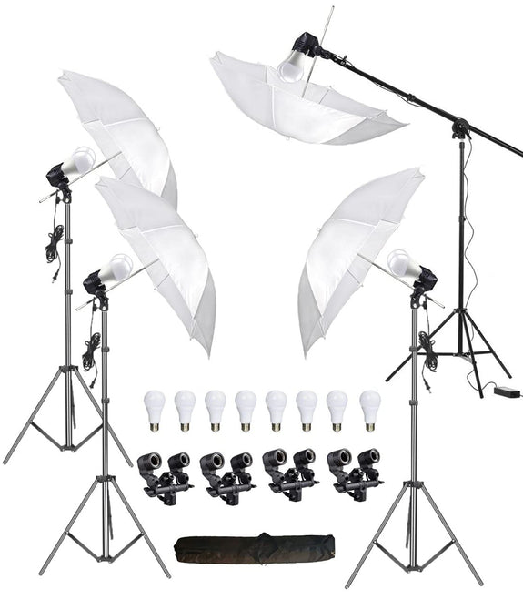 HIFFIN E27 4 Point Studio Double Holder Kit Umbrella White + Studio Light Stand 9 FT Bulb Holder KIT Mark IIII | 4 Double Holder | 4 Light Stand 9ft | 4 Umbrella | 8 20 W LED Bulb | 1 Boom