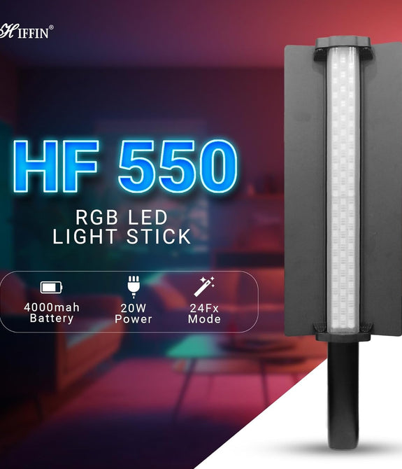 HIFFIN HF-550 RGB LED Stick Light with 30W Power, RGB CCT HSI Mode, 2500K-9900K Adjustable, 24 FX Effect, Detachable Diffuser, App Control, 4000mah Battery Stick Light for Photography & Videography