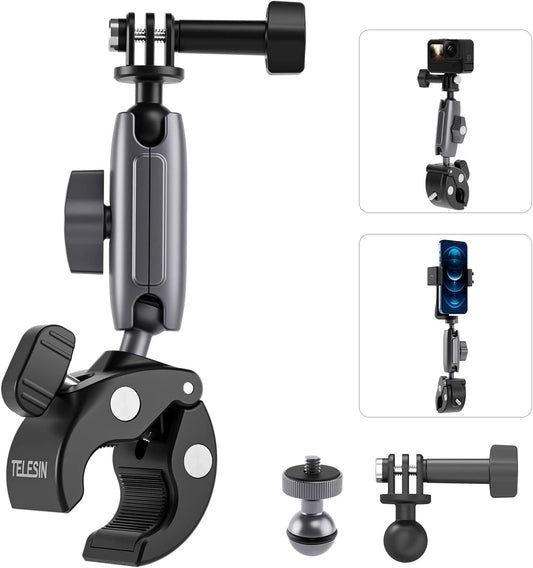 TELESIN Camera Clamp Handlebar Bike Mount 360° Double Ballhead Magic Arm with 1/4"-20 Thread for Motorcycle Monitor Canon Nikon DSLR/Gopro/LED Lights/Ronin-M/Ronin MX/Freefly