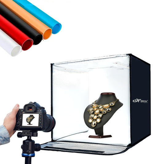 HIFFIN 40X40CM Portable Light Tent with Magnet LED Strips and Background White, Black, Light Yellow