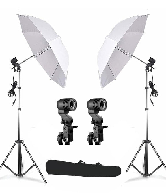 HIFFIN Branded Set of Umbrella White 80CM + Portable Foldable Umbrella Flash Photo Video Studio Lighting Photography Stand + Umbrella and Bulb Holder with Carry Bag (E27 Single holder kit set of 2 wob)