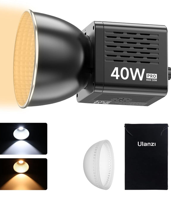 ULANZI 40W Pro Portable LED Video Light with DC Power Adapter, 2500K-6500K, Built-in Battery Metal Mini Dual Color Temperature COB Continuous Output Lighting Handheld Spotlight