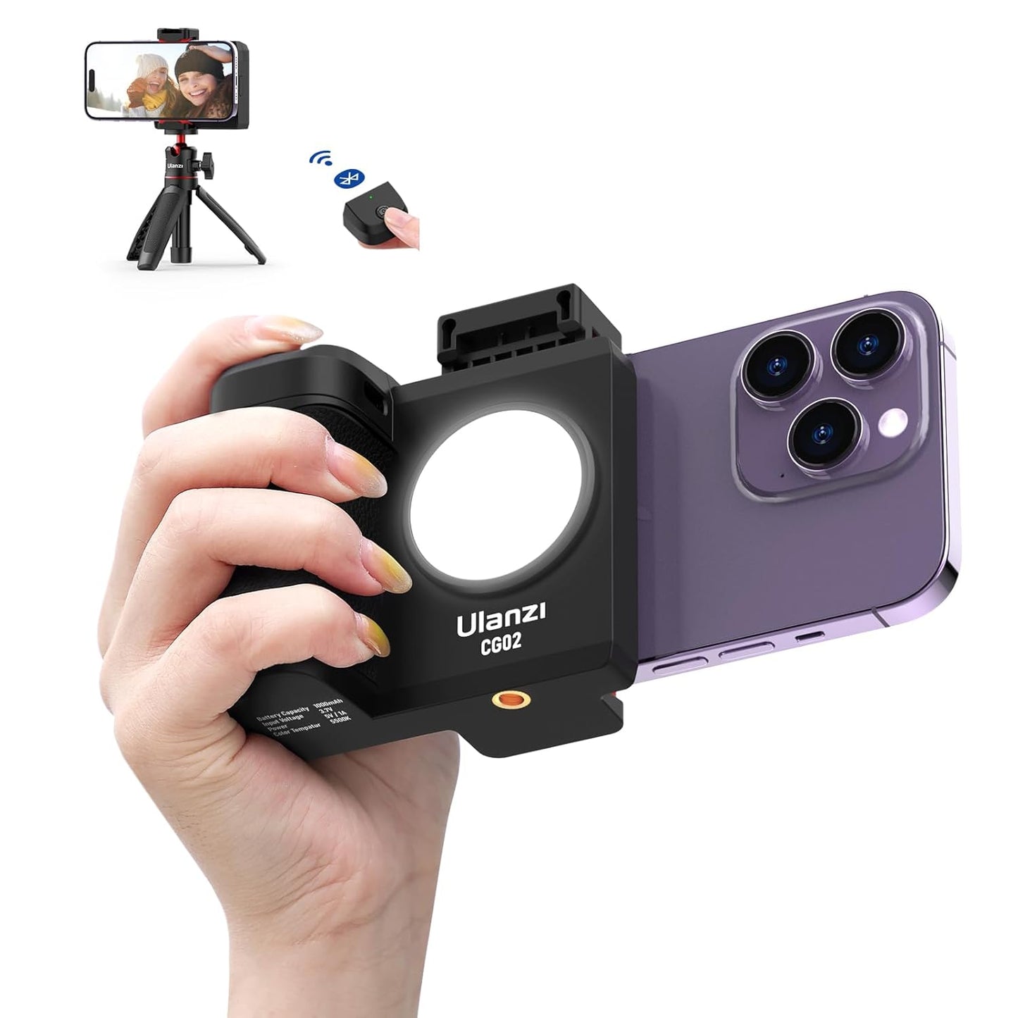 ULANZI CG-02 Grip Holder for Smartphone Upgraded Phone Camera Grip w Remote Shutter Handheld Tripod Mount Fill Light Handheld Photography Accessories for iPhone 16 15 14 Pro Max etc