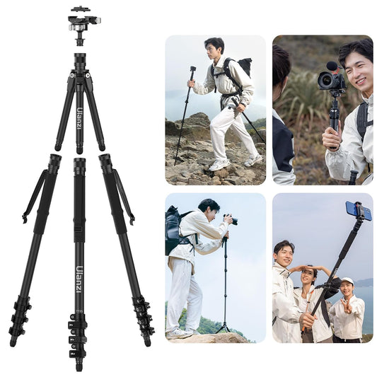 Ulanzi TT35 Hiking Stick Tripod Kit, Travel Camera Tripod Monopod, 57.48" Detachable Carbon Fiber Tripod Stand Kit with 3 Hiking Pole & Mini Tripod & Removable Arca QR for DSLR Camera Camcorder