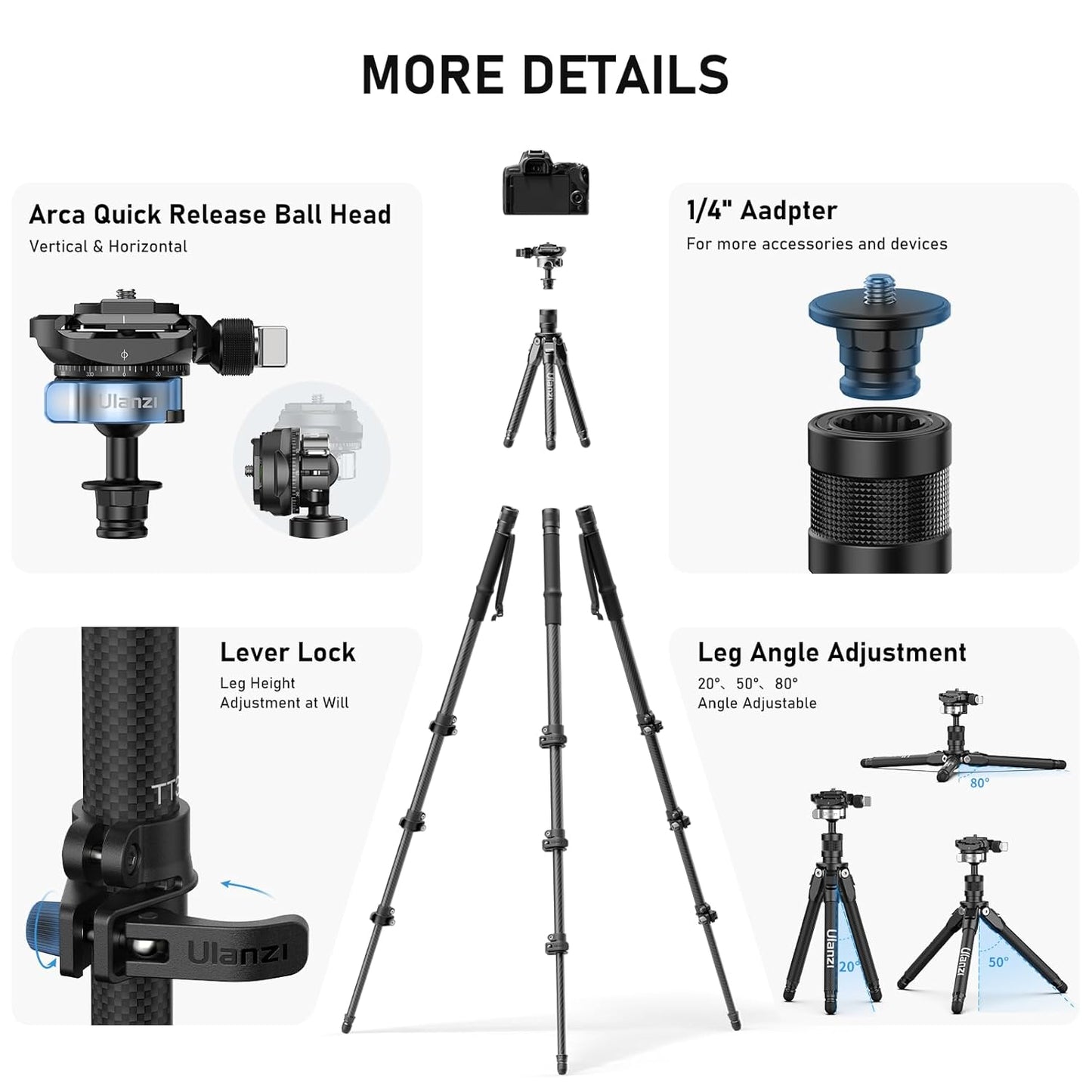 Ulanzi TT35 Hiking Stick Tripod Kit, Travel Camera Tripod Monopod, 57.48" Detachable Carbon Fiber Tripod Stand Kit with 3 Hiking Pole & Mini Tripod & Removable Arca QR for DSLR Camera Camcorder