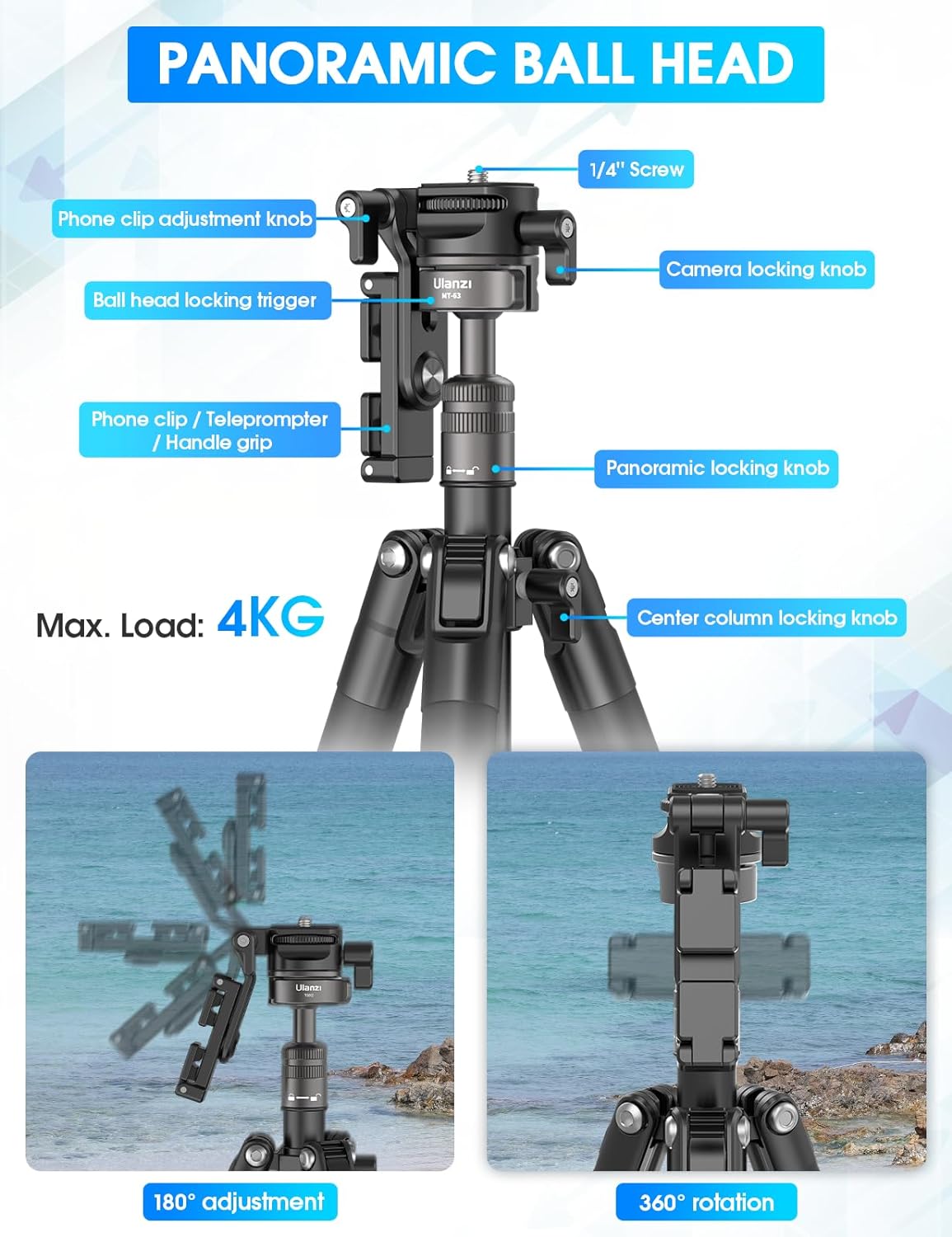 ULANZI MT-63 Mini Phone Tripod, 57" Portable Foldable Aluminum Alloy Extendable Camera Tripod with 2 in 1 Phone Clip, 360° Ball Head Travel Lightweight Tripod for iPhone DSLR Camera Max Load 5KG/11LBS