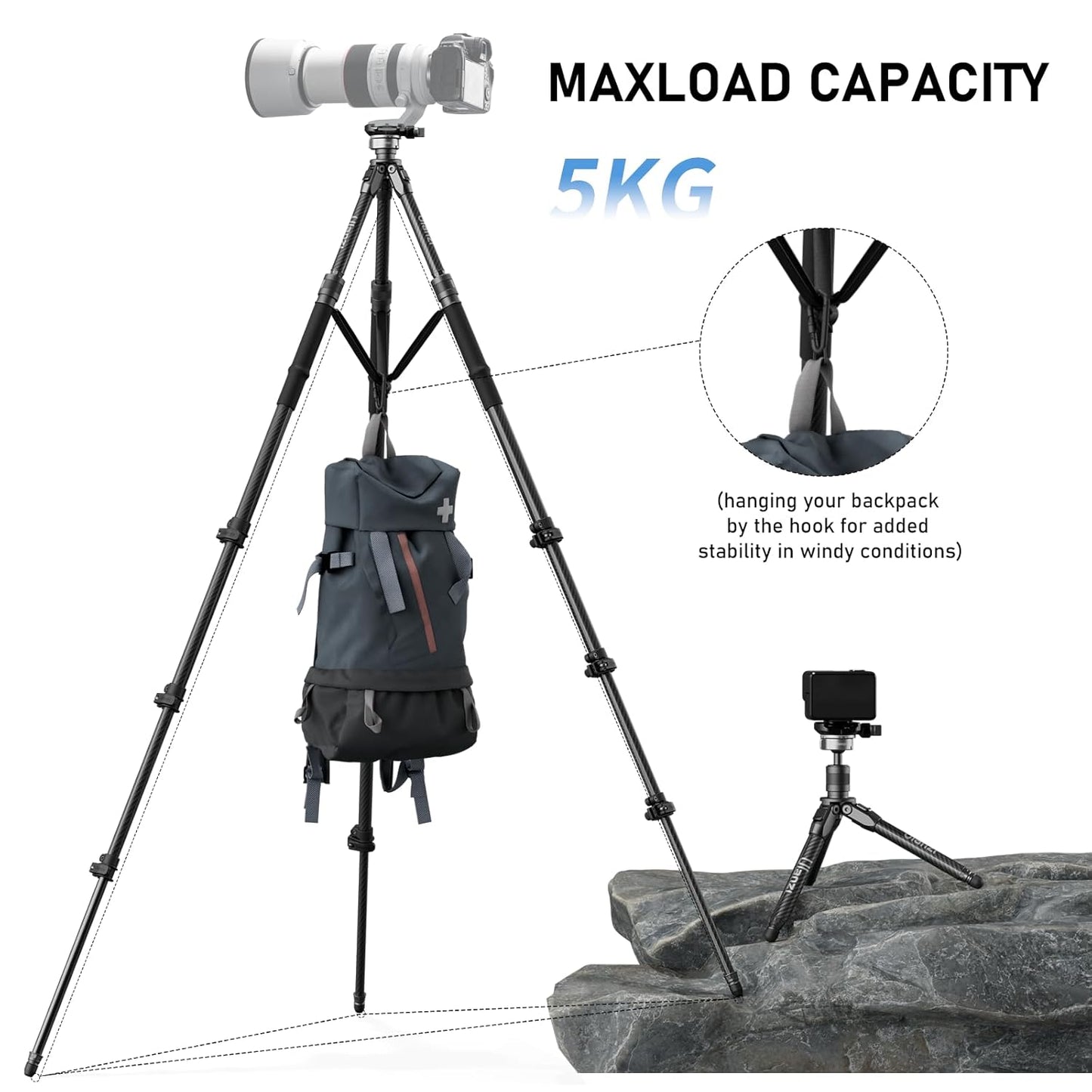 Ulanzi TT35 Hiking Stick Tripod Kit, Travel Camera Tripod Monopod, 57.48" Detachable Carbon Fiber Tripod Stand Kit with 3 Hiking Pole & Mini Tripod & Removable Arca QR for DSLR Camera Camcorder