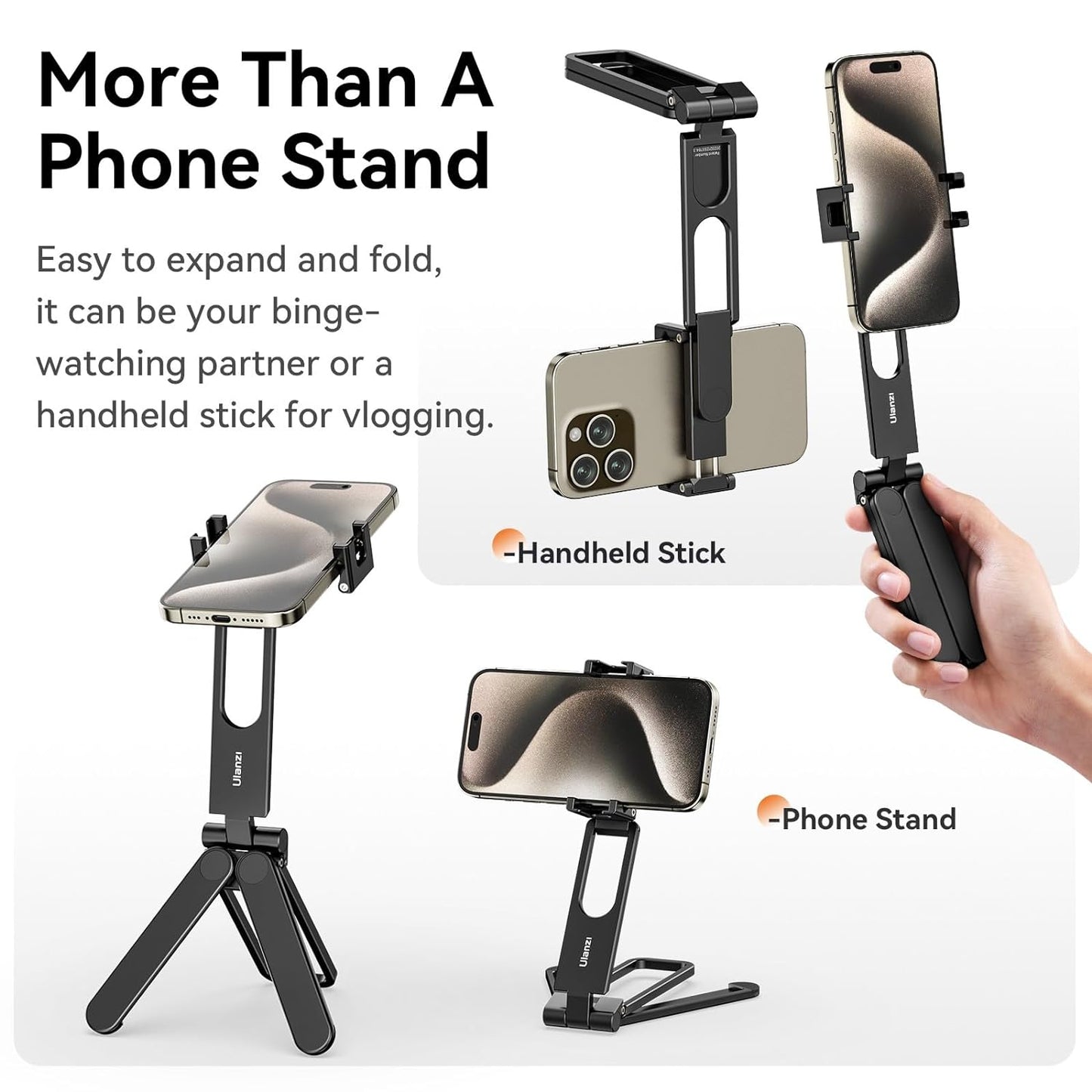 ULANZI MA26 Foldable Phone Tripod - Pocket Cell Phone Vlog Video Tripod Handle Aluminium Smartphone Desk Stand 2 Cold Shoe Compact Size All in One Lightweight Portable Vlog Stick for iPhone Samsung