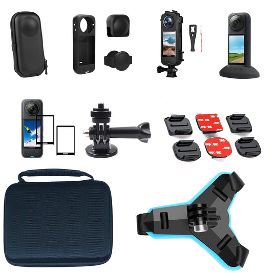 Hiffin 16 in 1 Accessories kit for Insta X4, Include Camera Protective Case of Plastic/Silicon, Tempered, Helmet Mount, Gopro Screw, Lens Protector Cover & Rubber Stand for X4. Hard Shell Protector