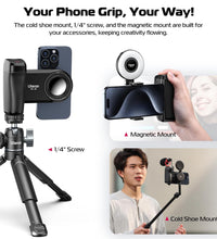 ULANZI Selfie Phone Tripod Mount MA35, 2-in-1 Magnetic & Phone Clip Camera Grip Handle Holder with Detachable Remote Shutter with Cold Shoe Adapter for iPhone 14 15 Samsung Smartphone Video Shooting