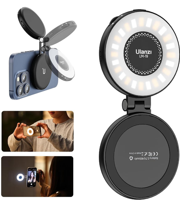 ULANZI Magnetic Selfie Light, LED Fill Light Compatible with Magsafe, LED Selfie Ring Light Included Sticky Ring for Phones, for Selfies/Photography/TikTok/Zoom Calls/Video Conference Color Black