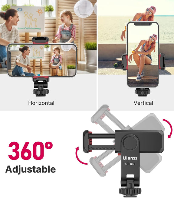 ULANZI Phone Tripod Mount ST-06S, Universal Smartphone Mount Adapter with 2 Cold Shoe, 360° Rotates and Adjustable Cell Phone Clip Clamp Holder, Compatible with iPhone, Samsung Galaxy and All Phones