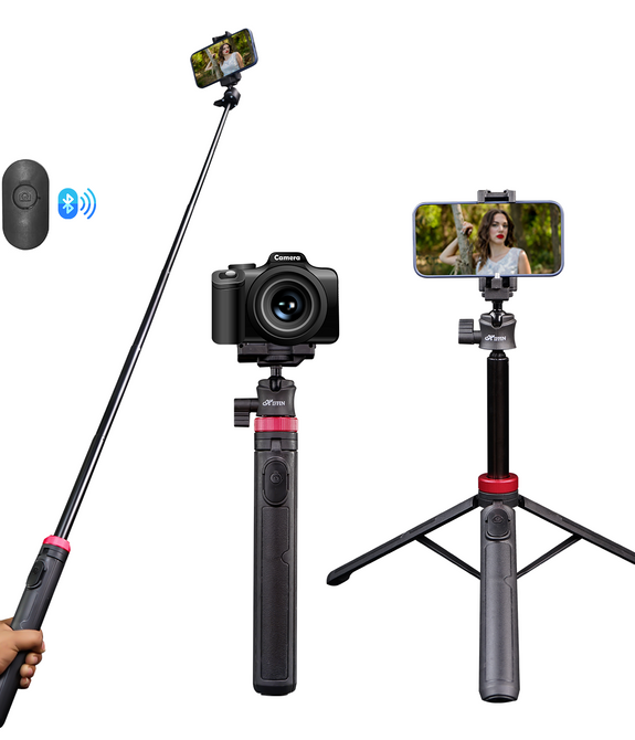 HIFFIN HTR-44 Extendable Phone Tripod with Bluetooth Button, 44" Selfie Stick Tripod Stand with 2 in 1 Phone Clip, 360° Ball Head Camera Tripod for Smartphones and Cameras, Lightweight for Travel