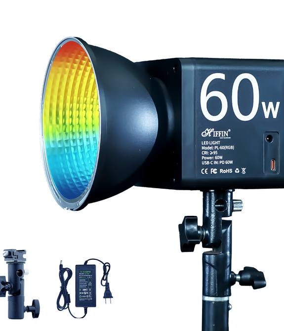 HIFFIN PL-60 Portable RGB Video Light with 60W Power, 2500K-6500K Adjustable Color Temperature, 26800mAh Rechargeable Battery, 24 Light Effects, CRI 95+ Dimmable Lighting for Photography