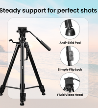 HIFFIN HF 880 1.651M (65 Inch) Aluminum Light Weight Tripod | with Fluid Video Head | for DSLR & Video Cameras| Maximum Operating Height: 1.66116M (5.45 Feet) | Maximum Load Upto: 7 kgs