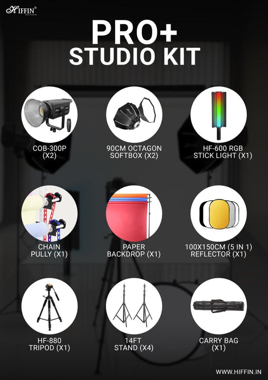 HIFFIN Pro + Studio Light Kit For Photgraphy, Cob-300p, Light Stands, Hf-600 Rgb wand, Chain pully, Paper Backdrops, Tripods and Accessories.