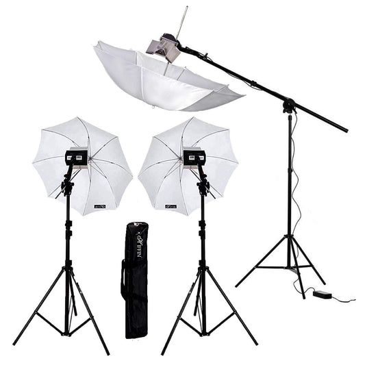 HIFFIN® Studio Home Umbrella Stand Setup with Sungun Adapter B-Bracket and 3 Point Set with Continuous/Video Light with 1000 Watt Halogen Tube (3 Point B4 Light Photography Kit)