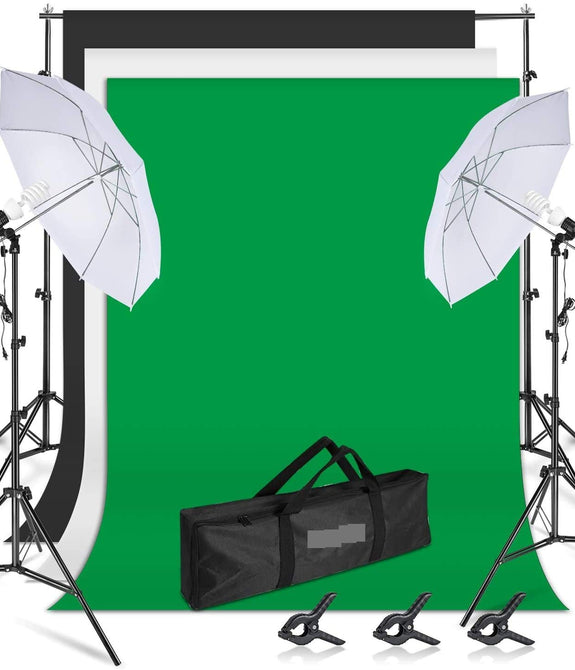 HIFFIN® Photography Lighting Umbrella Kit, 8X14ft Muslin Backdrop Screen, 8.5x10ft Background Support System Continuous Lights Equipment