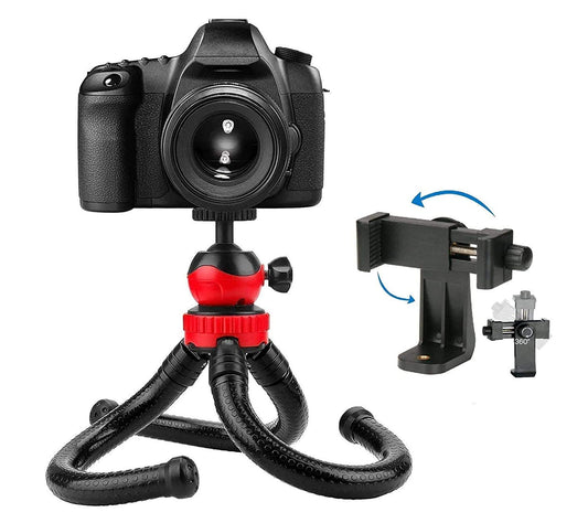 HIFFIN Flexible Gorillapod Tripod with 360° Rotating Ball Head Tripod for All DSLR Cameras(Max Load 1.5 kgs) & Mobile Phones (Black/Red) with Triopod Holder