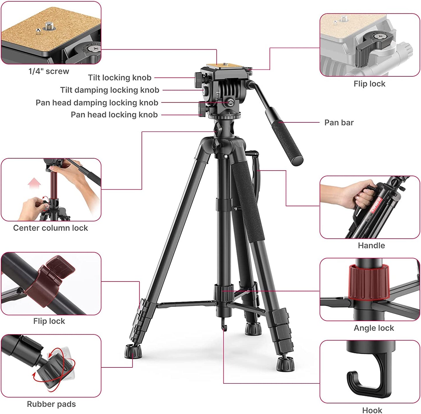 ULANZI VT02 Camera Tripod Monopod 72", DSLR Tripod for Travel, Aluminum Professional Tripod Stand with Phone Mount & 1/4 Screw Quick Release Plates for Nikon Canon Cameras Video Camcorders