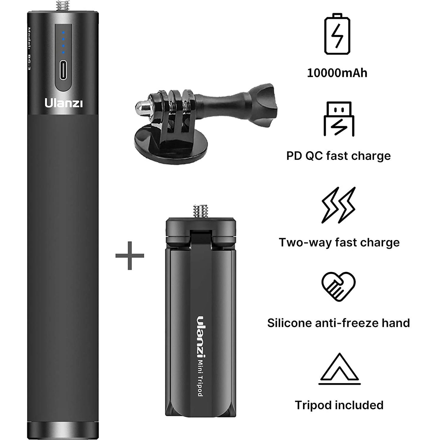 ULANZI Select BG-3 10000mAh Power Stick, Camera Vlog Handgrip Extension Power Bank, PD/QC Backup Charging Battery Tripod Monopod for iPhone Gopro 10 DJI Pocket 2 zv1