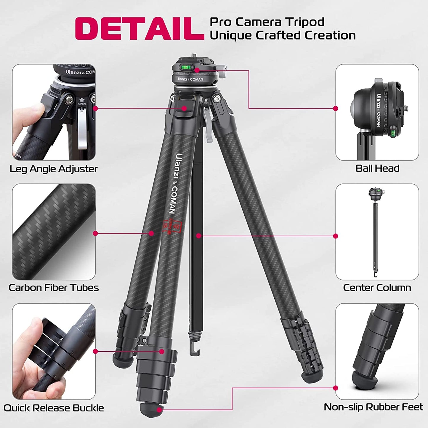 ULANZI Zero F38  Professional Camera Tripod, 62.6" Lightweight Carbon Fiber Camera Tripod with Quick Release 1/4" Screw & 360° Ballhead, for Most Cameras/DSLR/Projector, Weight 2.4lbs, Maxload 39.6lbs