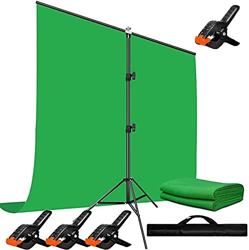 HIFFIN® Green Screen Backdrop 6x10 ft with Stand - 1 Packs 6x9 FT Photography Backdrop with 1PC 6.5 FT T-Shape Backdrop Stands, 4PCs Spring Clamps, 1PCs Carry Bag