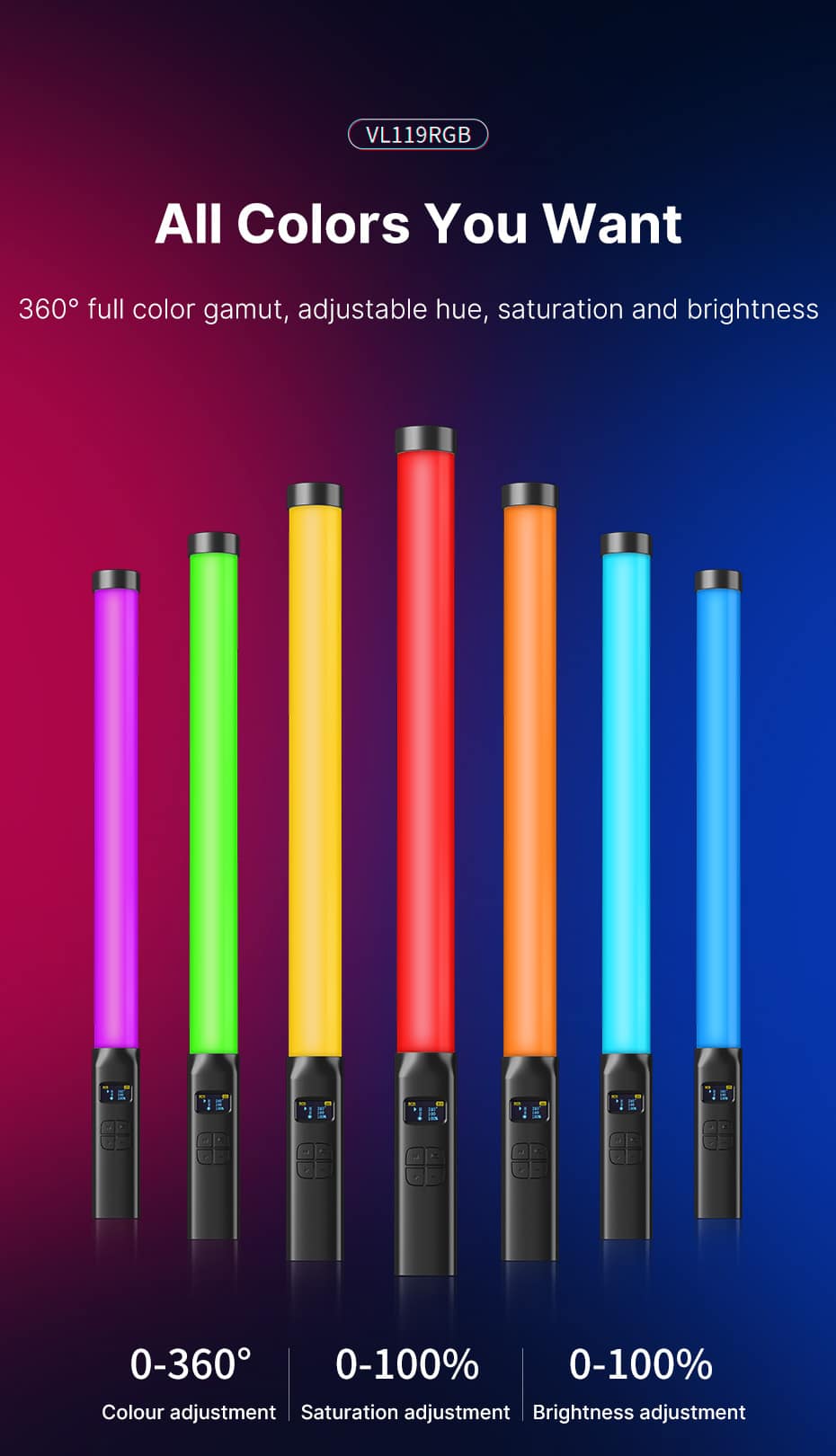 Ulanzi VL 119 RGB Light Stick 2500K-9000K Lights Wand Handheld Lamp Tube LED Video Lighting CRI 95+ 2000mAh Photography Studio