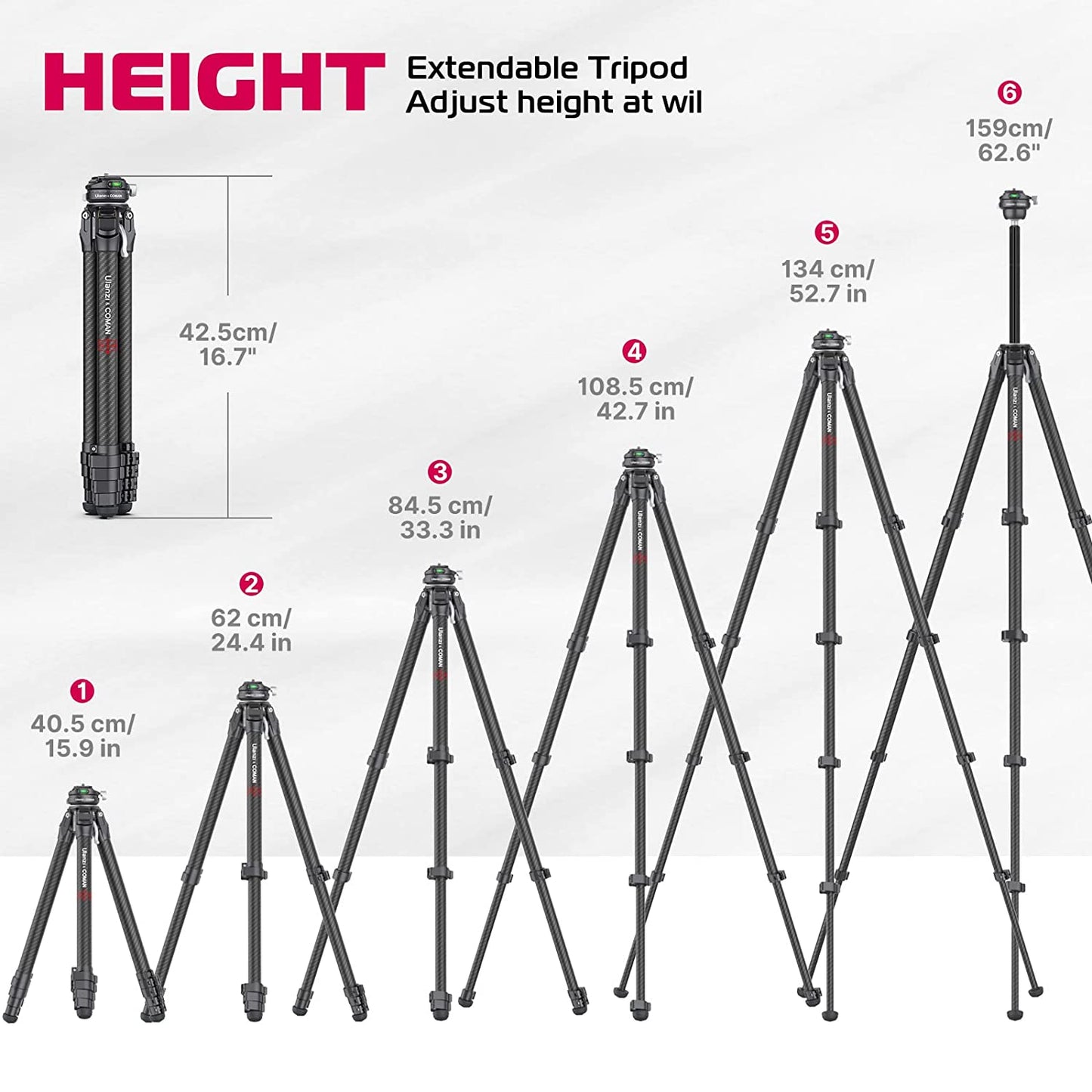 ULANZI Zero F38  Professional Camera Tripod, 62.6" Lightweight Carbon Fiber Camera Tripod with Quick Release 1/4" Screw & 360° Ballhead, for Most Cameras/DSLR/Projector, Weight 2.4lbs, Maxload 39.6lbs