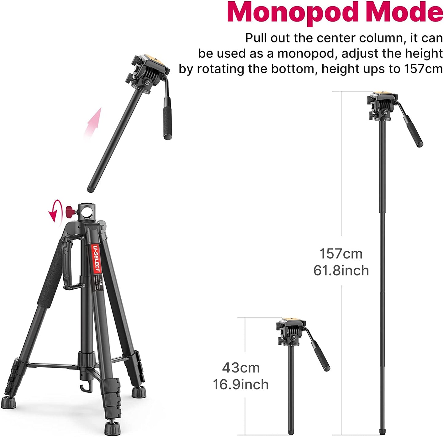 ULANZI VT02 Camera Tripod Monopod 72", DSLR Tripod for Travel, Aluminum Professional Tripod Stand with Phone Mount & 1/4 Screw Quick Release Plates for Nikon Canon Cameras Video Camcorders