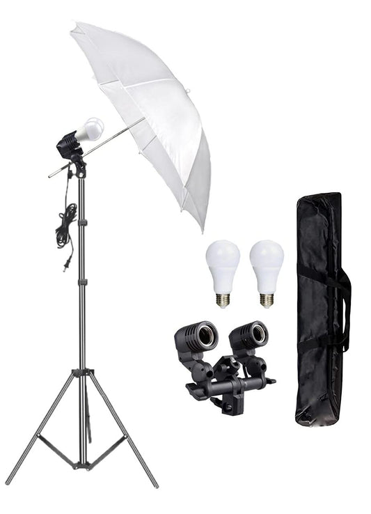 HIFFIN E27 STUDIO DOUBLE  HOLDER KIT UMBRELLA WHITE + STUDIO LIGHT STAND 2.7432M (9 FT)+ UMBRELLA AND BULB HOLDER KIT SET OF 1 (1 SINGLE HOLDER,1 LIGHT STAND 9FT,1 UMBRELLA, 1 18 WT LED BLUB)