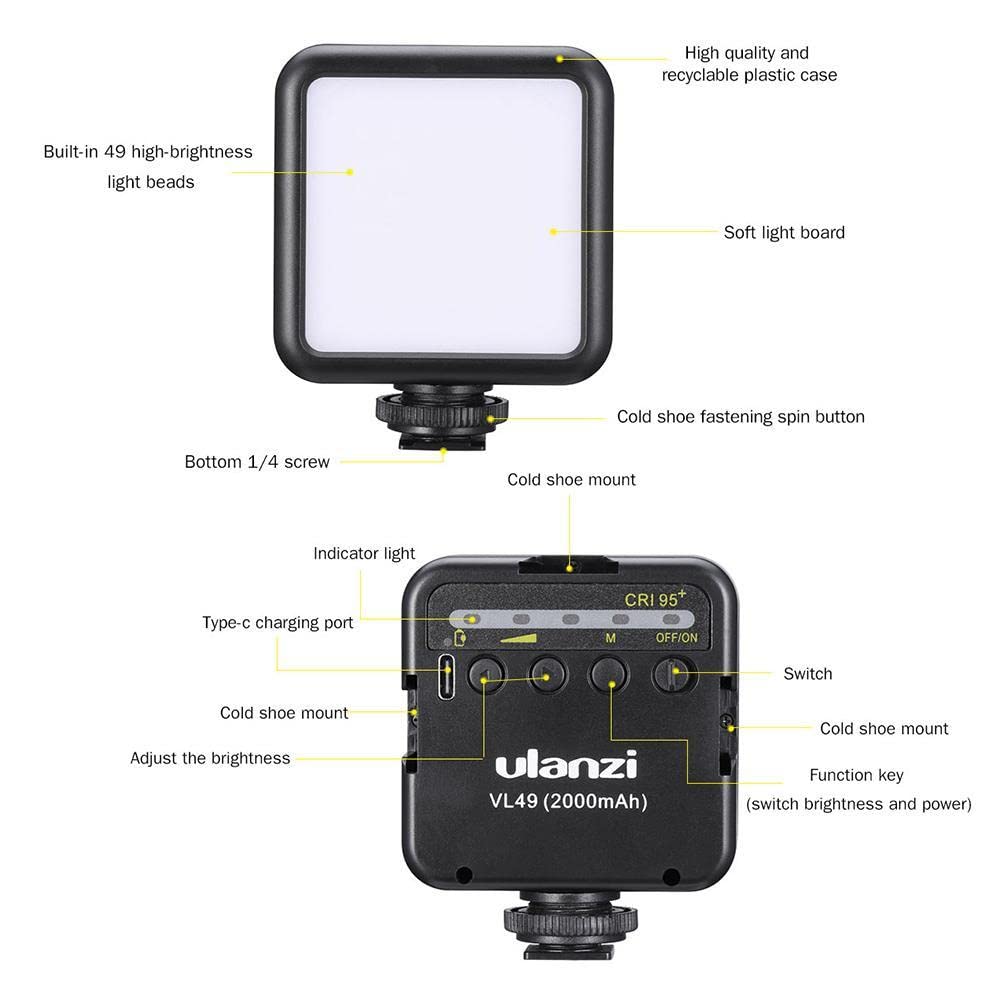 ULANZI VL49 2000mAh LED Video Light With 3 Cold Shoe Mounts, Type C Charging, Soft Light Panel