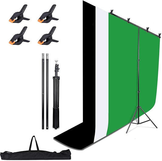 HIFFIN® Green Screen Backdrop 6x9 ft with Stand - 3 Packs 6x9FT Photography Backdrop (Black/Green/White Backdrop) with 1PC 6.5FT T-Shape Backdrop Stands, 4PCs Spring Clamps, 1PCs Carry Bag, 1PC