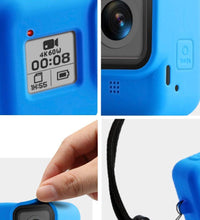 HIFFIN® Silicone Lanyard Sleeve Protective Cover + 2 PCS Tempered Glass Screen Guard with Silicone Lens Cover Compatible with Go Pro Hero 8 Blue Action Camera Accessories (Blue + Screen Guard)