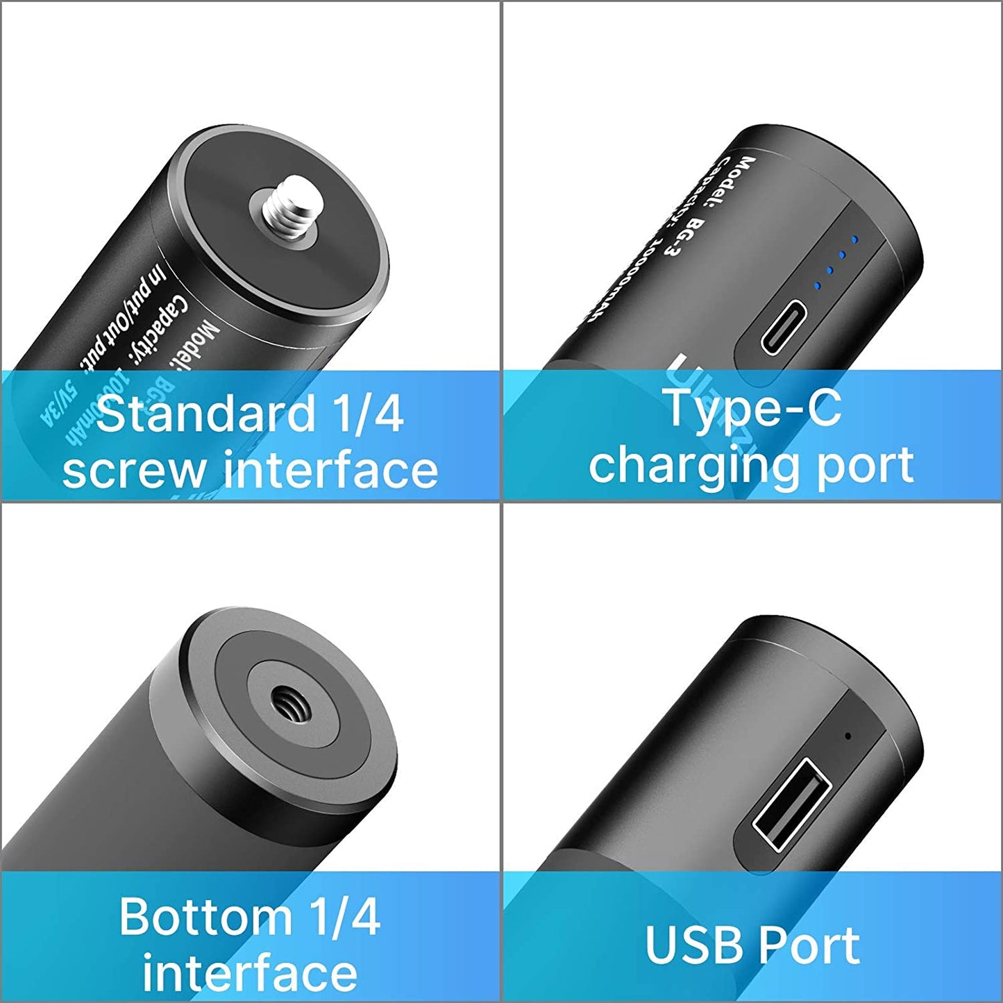 ULANZI Select BG-3 10000mAh Power Stick, Camera Vlog Handgrip Extension Power Bank, PD/QC Backup Charging Battery Tripod Monopod for iPhone Gopro 10 DJI Pocket 2 zv1