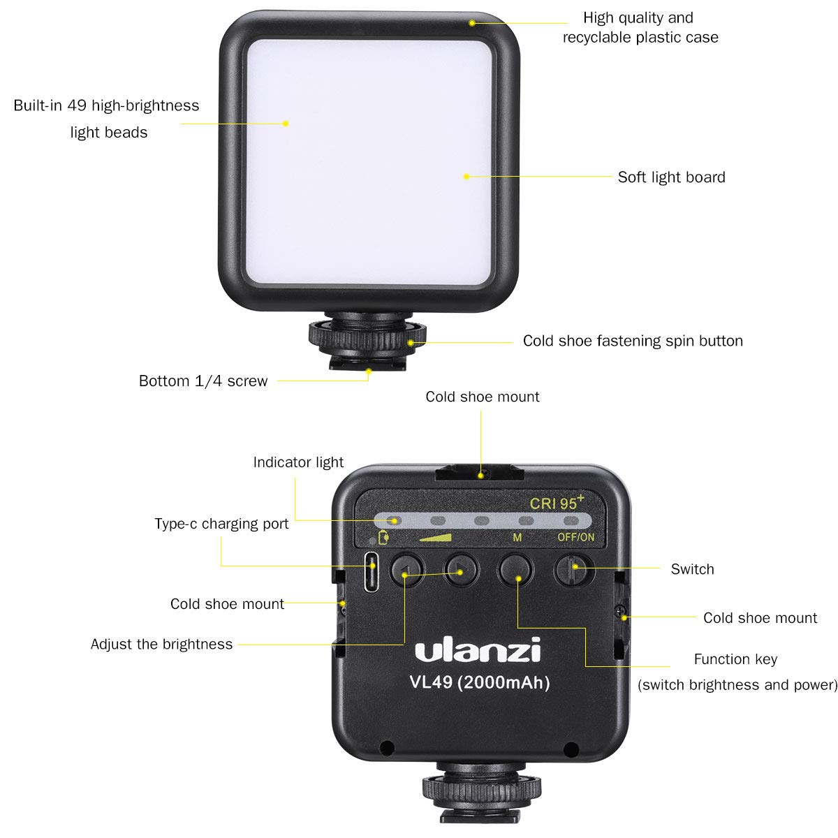 ULANZI VL49 2000mAh LED Video Light With 3 Cold Shoe Mounts, Type C Charging, Soft Light Panel