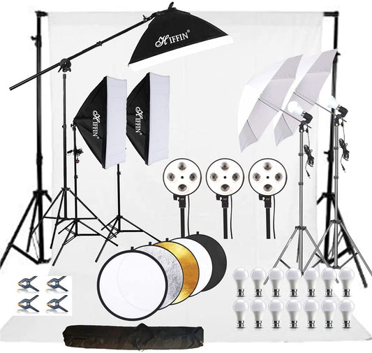 HIFFIN® Photography Lighting Kit Background Support System with 1 Color Backdrop, 2 Umbrella, 3 Softbox, Continuous Lighting Backdrop Kit for Photo...