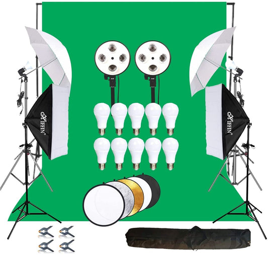 HIFFIN® Lighting Kit Adjustable Max Size 8x14ft Background Support System 1 Green Color Backdrop Fabric Photo Studio Softbox Sets Continuous Umbrella...