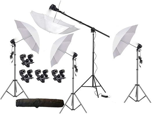 HIFFIN® E27 IV Point Studio Double Holder Kit Umbrella White + Studio Light Stand 9 FT Bulb Holder KIT Mark IV | 4 Double Holder | 4 Light Stand 9ft | 4 Umbrella |1 Boom