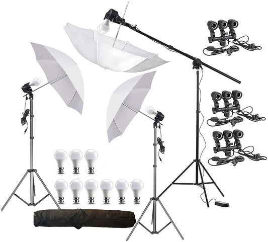 HIFFIN E27 3 Point Studio Triple Holder Kit Umbrella White + Studio Light Stand 2.7432M (9 FT) Bulb Holder KIT Mark III | 3 Triple Holder | 3 Light Stand 9ft | 3 Umbrella | 9 20 W LED Bulb | 1 Boom | 1 Bag