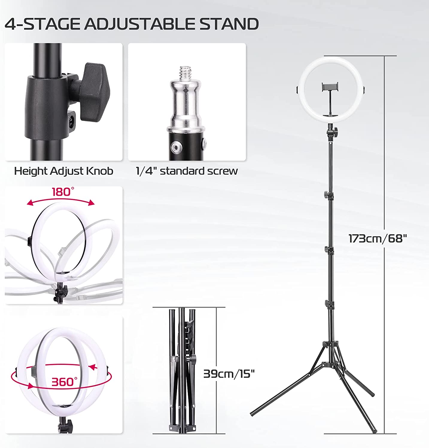 ULANZI Overhead 11" RGB Selfie Ring Light with Stand & Phone Holder, 68" Extendable Light Stand Kit w/ Overhead Arm, 3200k-6500K Dimmable Light for Video Recording, Live Streaming, Portrait & Makeup