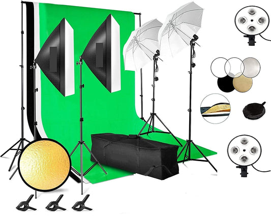 HIFFIN® Lighting Kit Adjustable Max Size 2.6Mx3M Background Support System 3 Color Backdrop Fabric Photo Studio Softbox Sets Continuous Umbrella Light Stand with Portable Bag