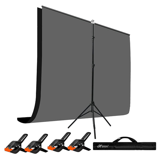 HIFFIN® Black|Grey Screen Backdrop 6x10 ft with Stand -6x9FT Photography Backdrop with 1PC 6.5FT T-Shape Backdrop Stands, 4PCs Spring Clamps, 1PCs Carry Bag