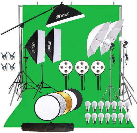 HIFFIN® Photography Lighting Kit Background Support System with 1 Green Color Backdrop, 2 Umbrella, 3 Softbox, Continuous Lighting Backdrop Kit for Photo Video Shooting