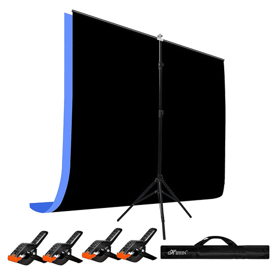 HIFFIN® Black|Blue Screen Backdrop 6x10 ft with Stand -6x9FT Photography Backdrop with 1PC 6.5FT T-Shape Backdrop Stands, 4PCs Spring Clamps, 1PCs Carry Bag